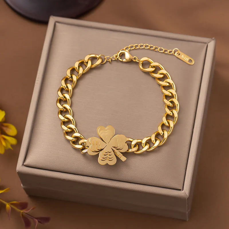18K Gold Plated Four Leaf Clover Bracelet – Stainless Steel