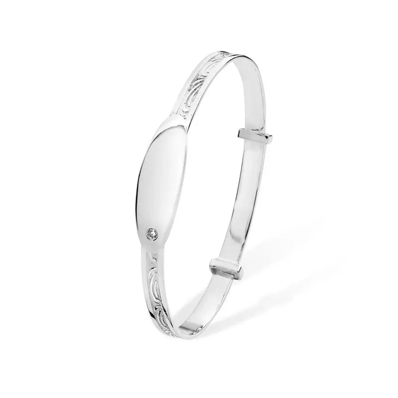 Kids ID Baby Bangle with Clear CZ | Sterling Silver Baby Jewellery UK Orlaya
