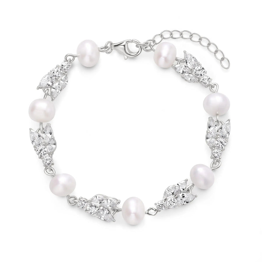 Sterling Silver Cubic Zirconia Natural Pearl Bracelet