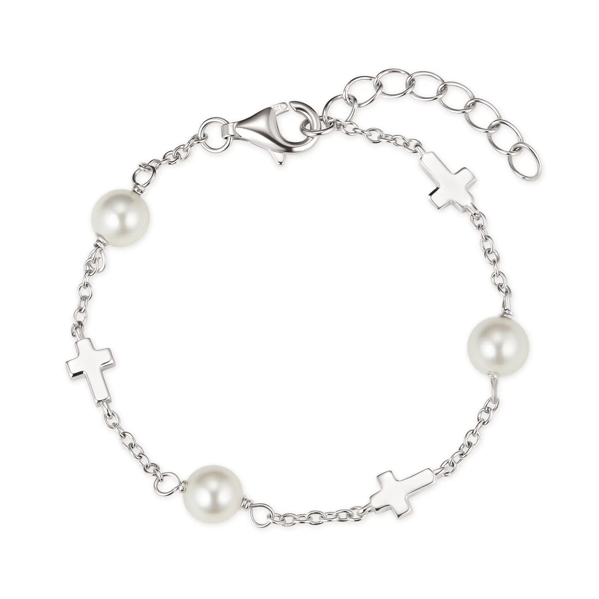 Sterling Silver Kids Pearl Cross Bracelet