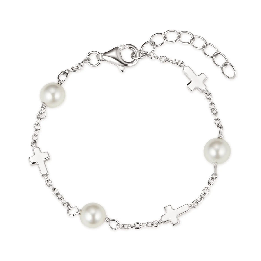 Sterling Silver Kids Pearl Cross Bracelet