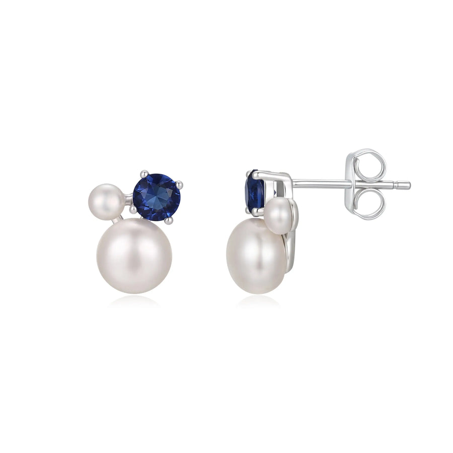 Sterling Silver Cubic Zirconia Rhodium Plated Sapphire Pearl Stud Earrings