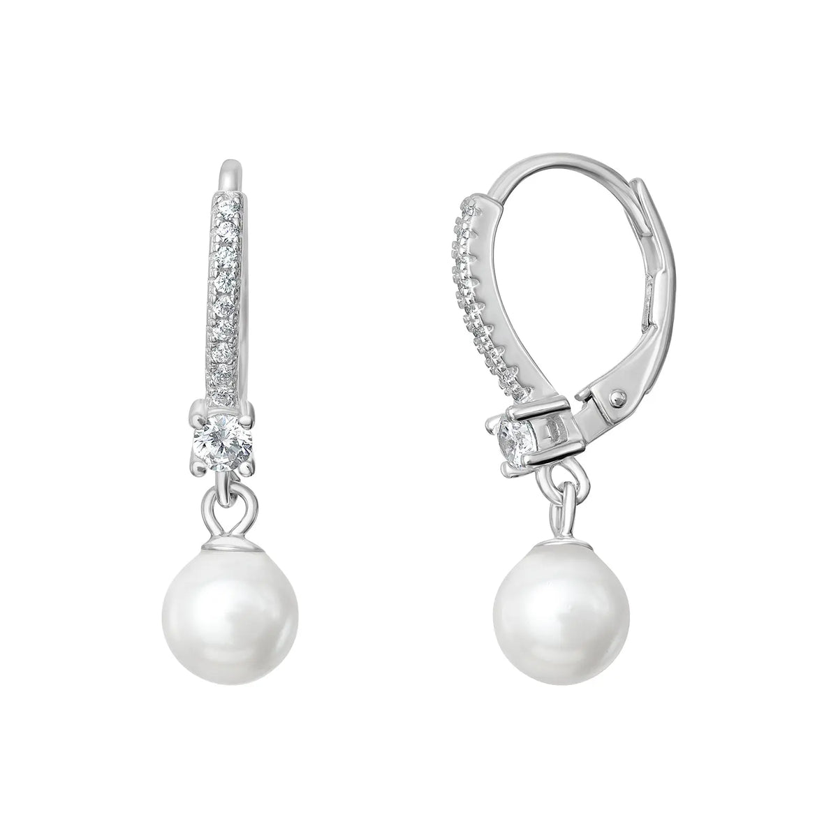 Sterling Silver Cubic Zirconia Pearl Hinged Hoop Earrings