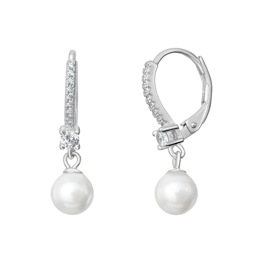 Sterling Silver Cubic Zirconia Pearl Hinged Hoop Earrings