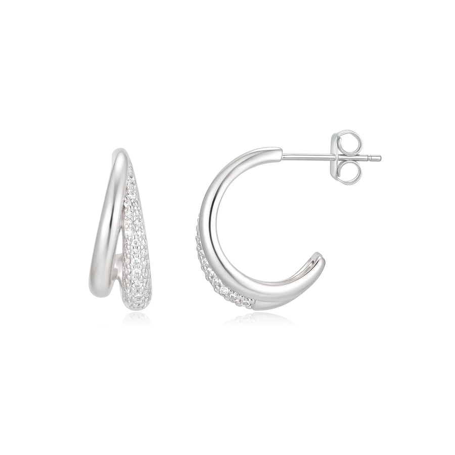 Sterling Silver Cubic Zirconia Rhodium Plated Double Hoop Earrings