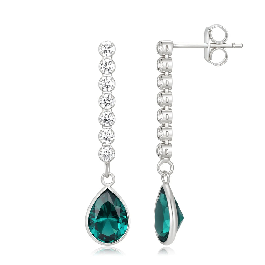 Sterling Silver Cubic Zirconia Rhodium Plated Emerald Drop Earrings