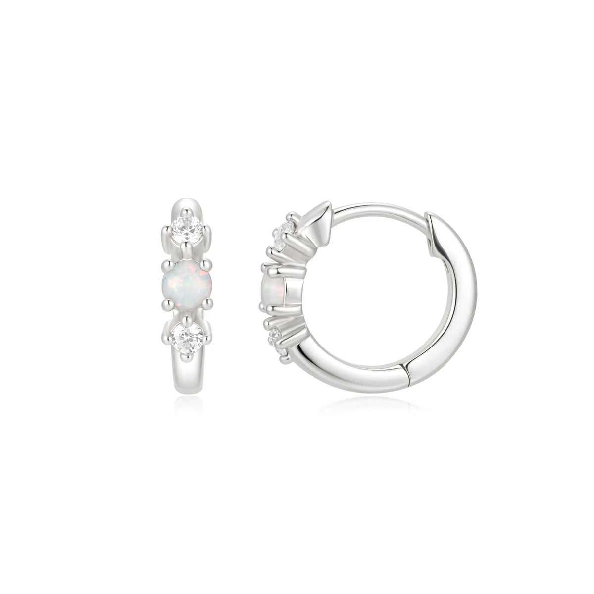 Sterling Silver Cubic Zirconia Opal Rhodium Plated Hinged Hoop Earrings