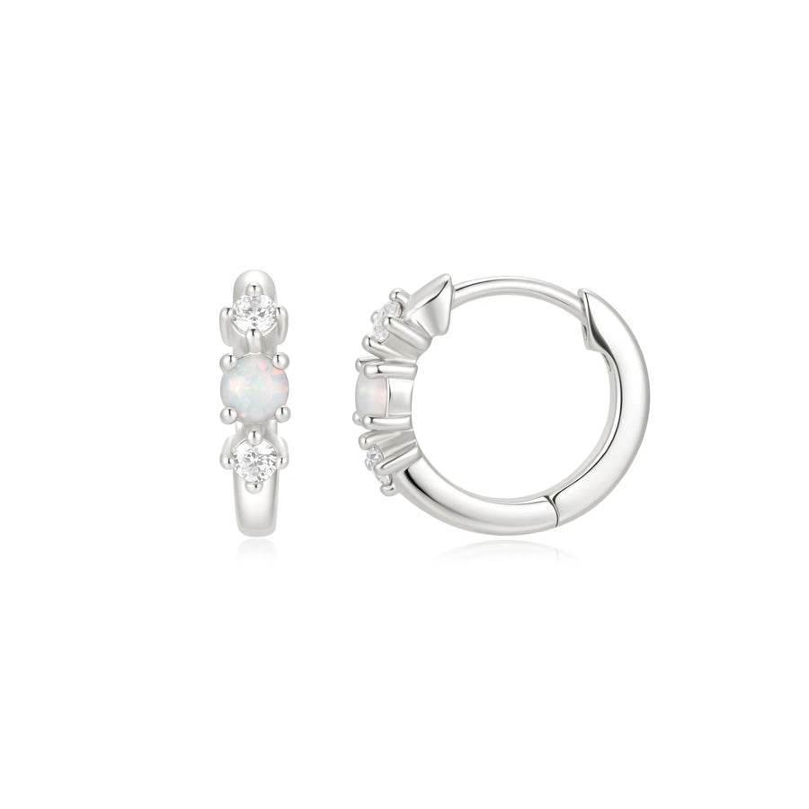 Sterling Silver Cubic Zirconia Opal Rhodium Plated Hinged Hoop Earrings