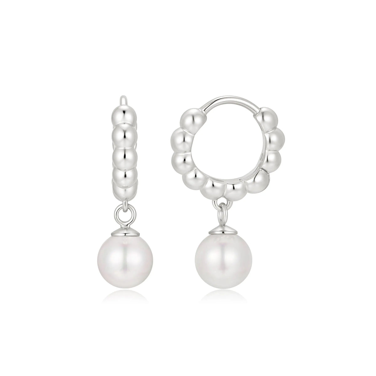 Sterling Silver Rhodium Plated Beaded Pearl Drop Hoops