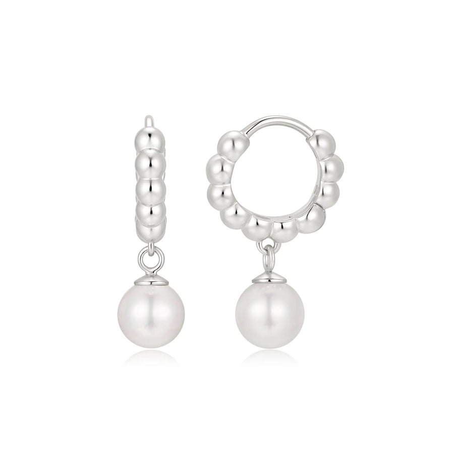 Sterling Silver Rhodium Plated Beaded Pearl Drop Hoops