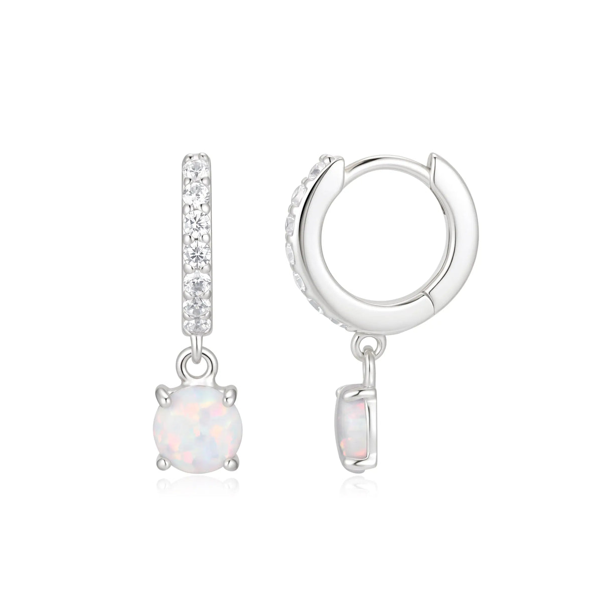Sterling Silver Cubic Zirconia Rhodium Plated Opal Hinged Hoop Earrings