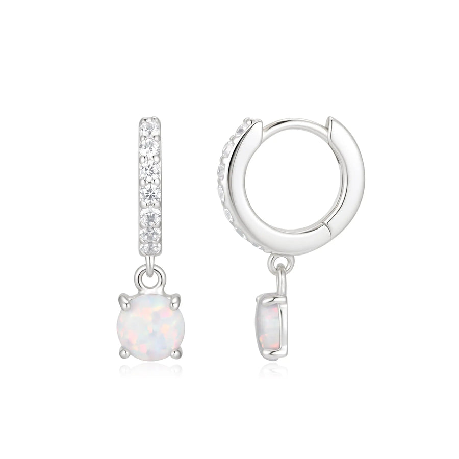 Sterling Silver Cubic Zirconia Rhodium Plated Opal Hinged Hoop Earrings