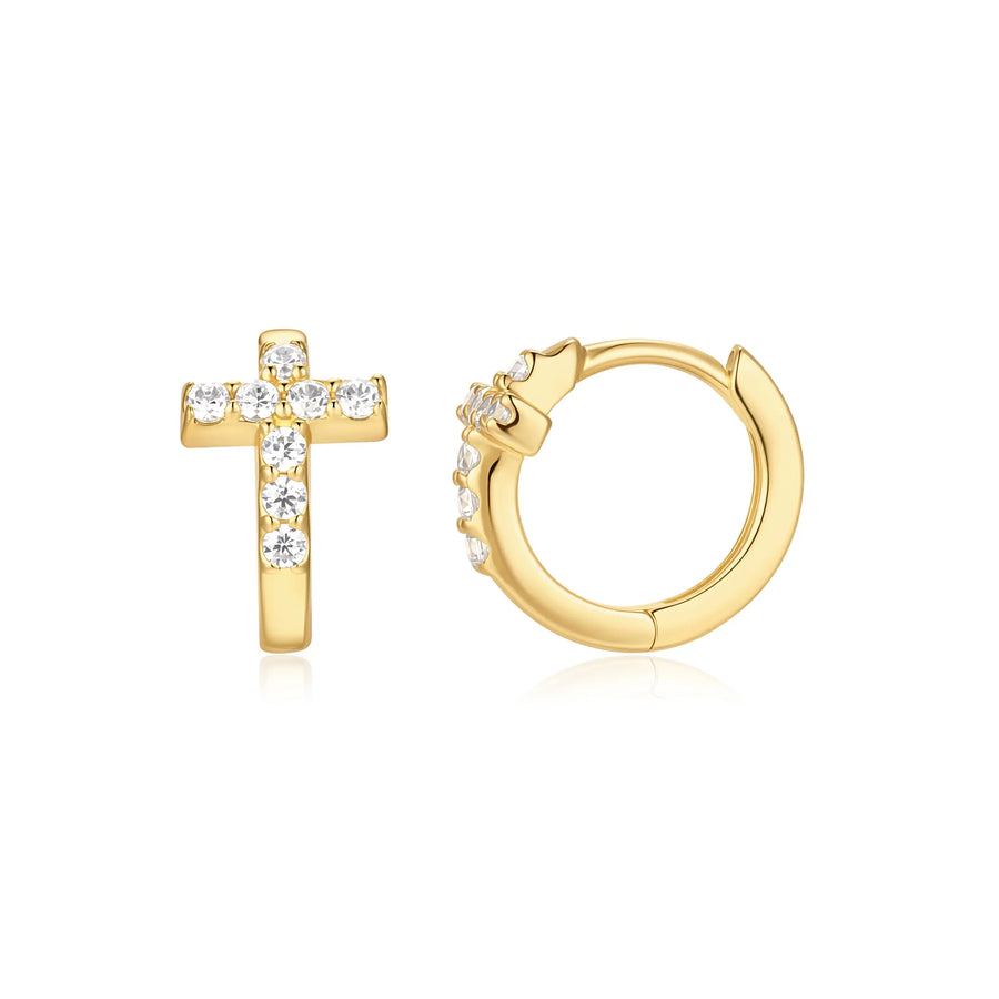 Sterling Silver Cubic Zirconia Gold Plated Cross Hoop Earrings
