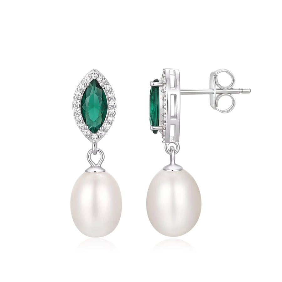 Sterling Silver Cubic Zirconia Emerald Pearl Drop Earrings