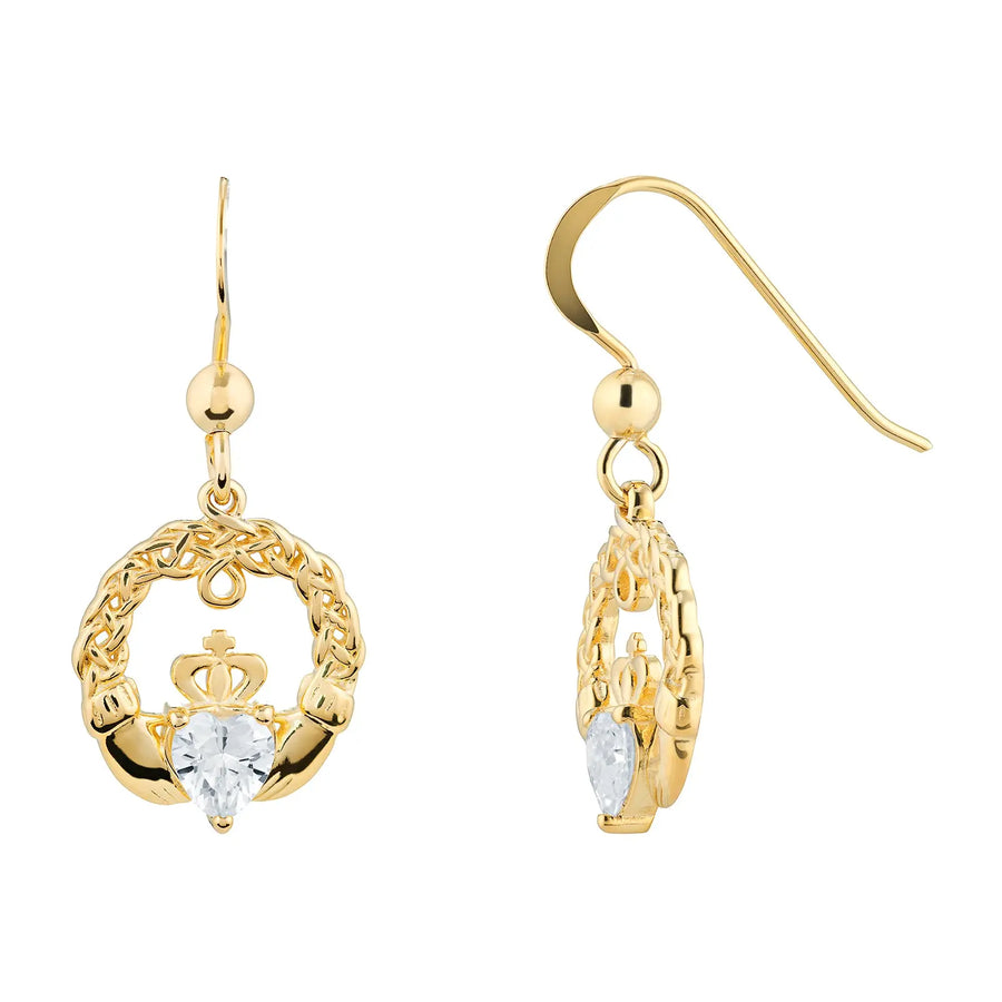 Sterling Silver Cubic Zirconia Gold Plated Claddagh Drop Earrings