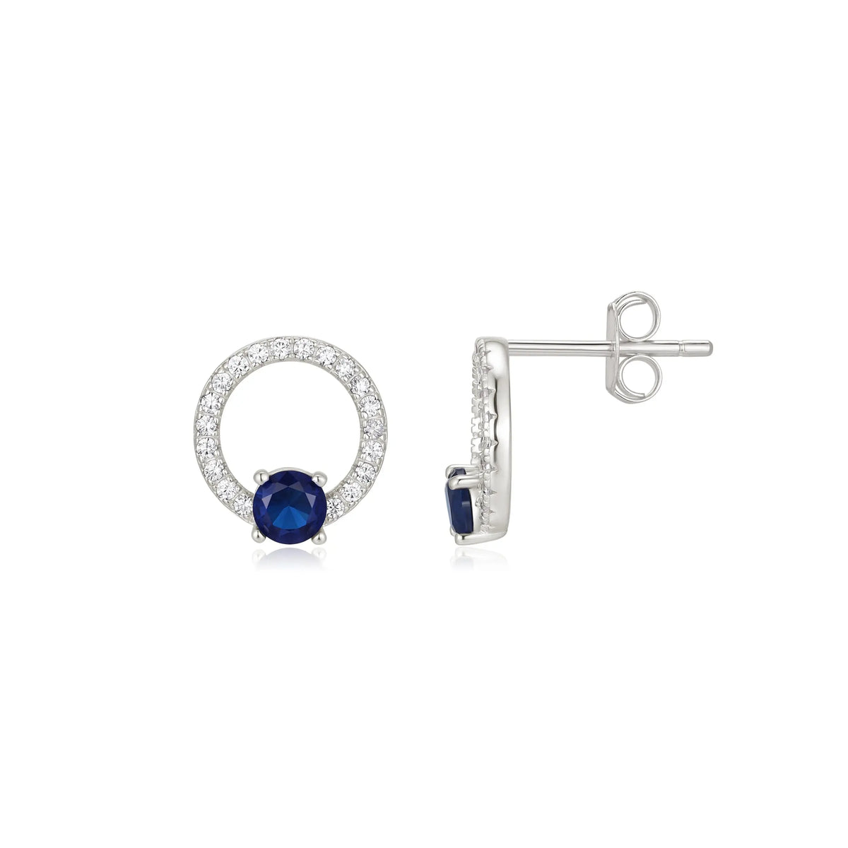 Sterling Silver Cubic Zirconia Rhodium Plated Sapphire Stud Earrings