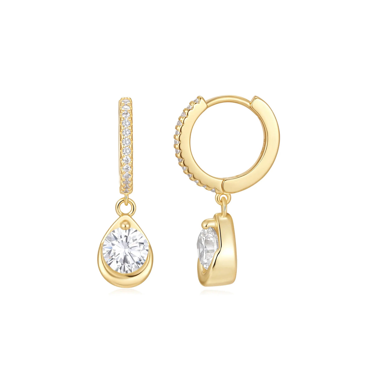 Sterling Silver Cubic Zirconia Gold Plated Hinged Drop Hoop Earrings