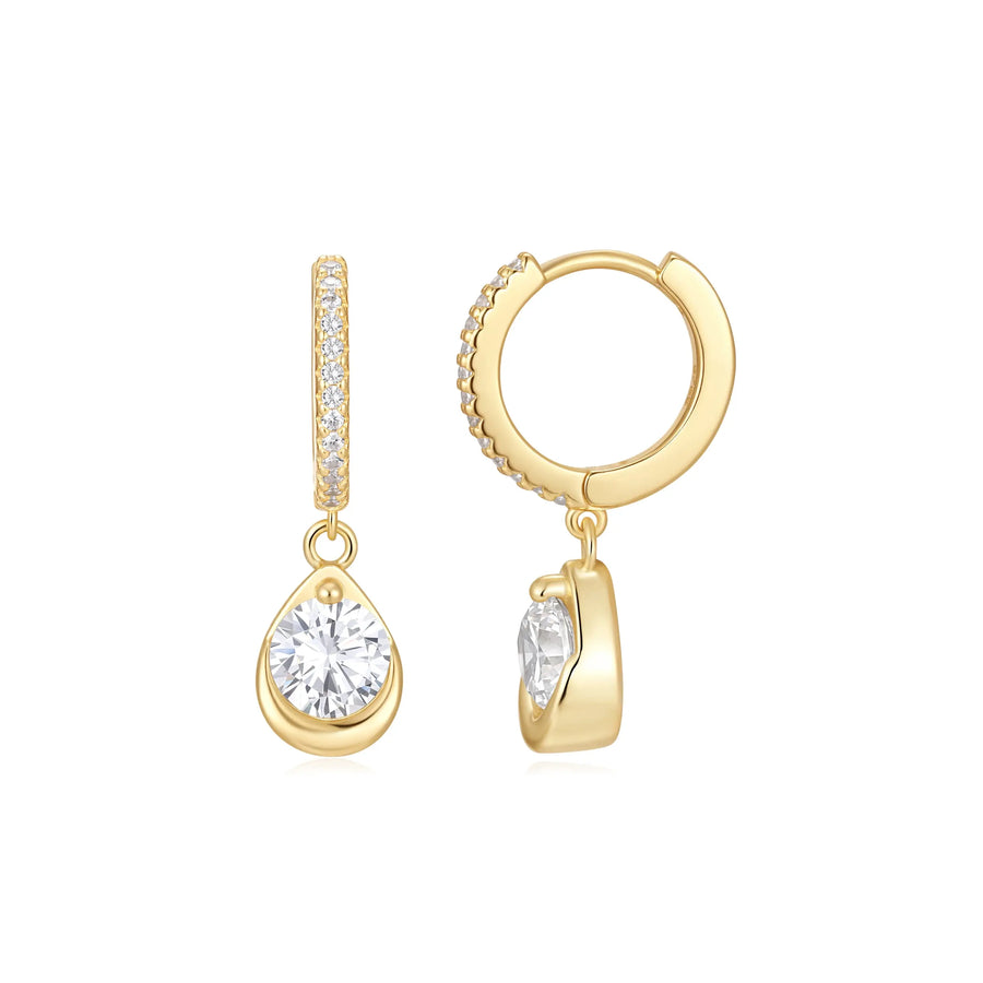 Sterling Silver Cubic Zirconia Gold Plated Hinged Drop Hoop Earrings