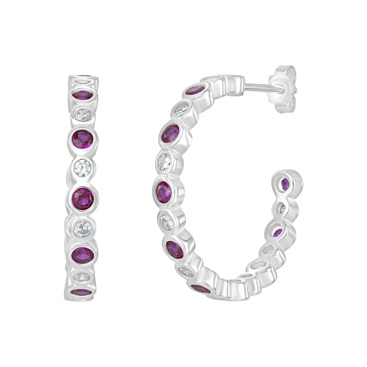 Sterling Silver Cubic Zirconia Ruby Hoop Earrings