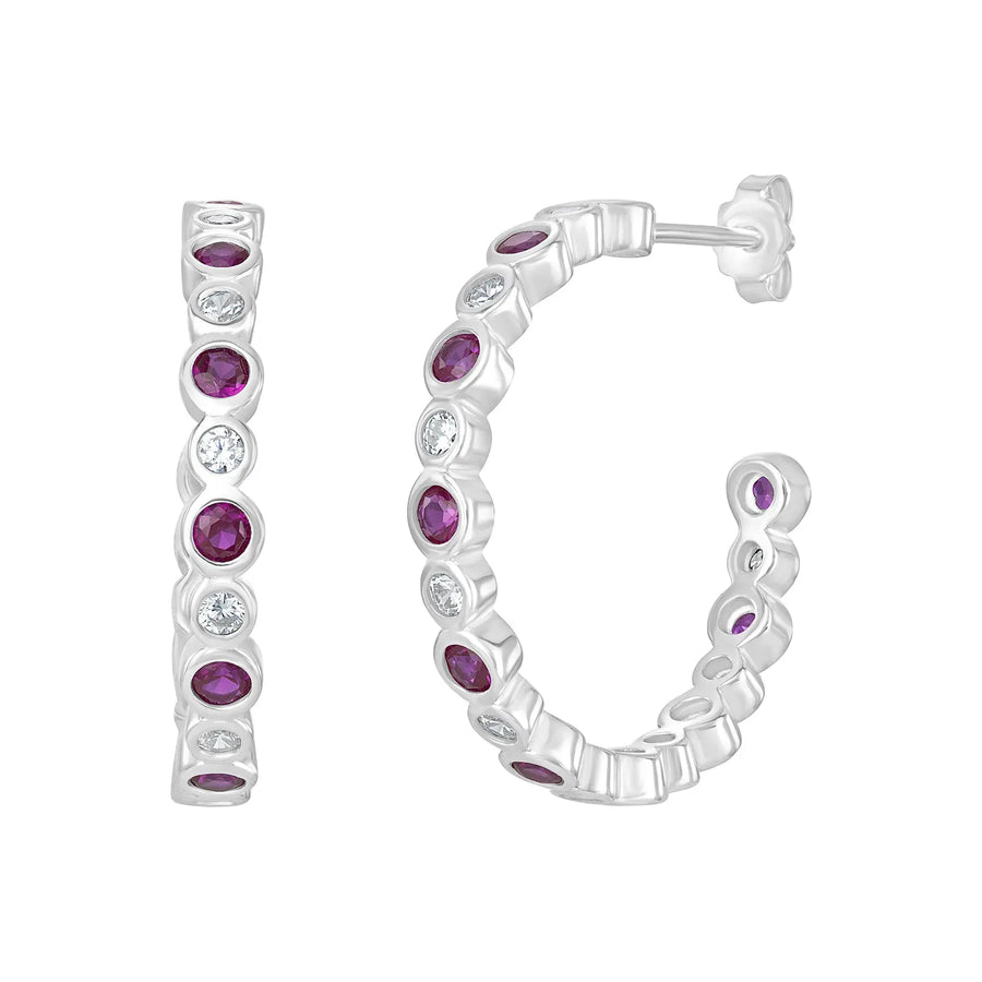 Sterling Silver Cubic Zirconia Ruby Hoop Earrings