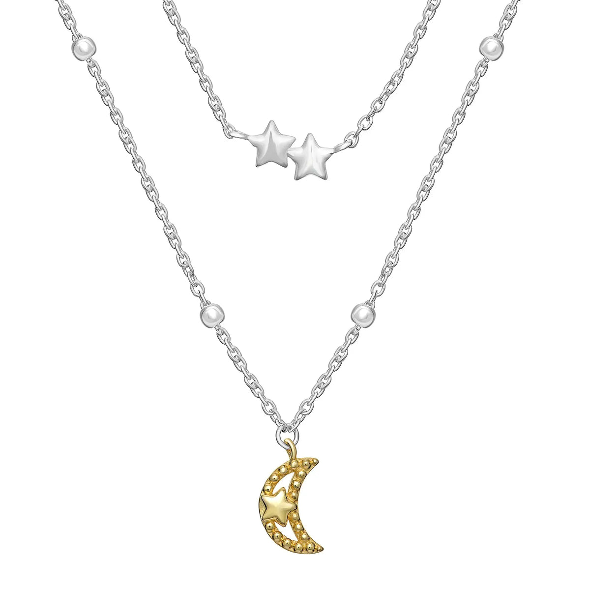 Sterling Silver 16 Inch Moon & Star Beaded Necklace