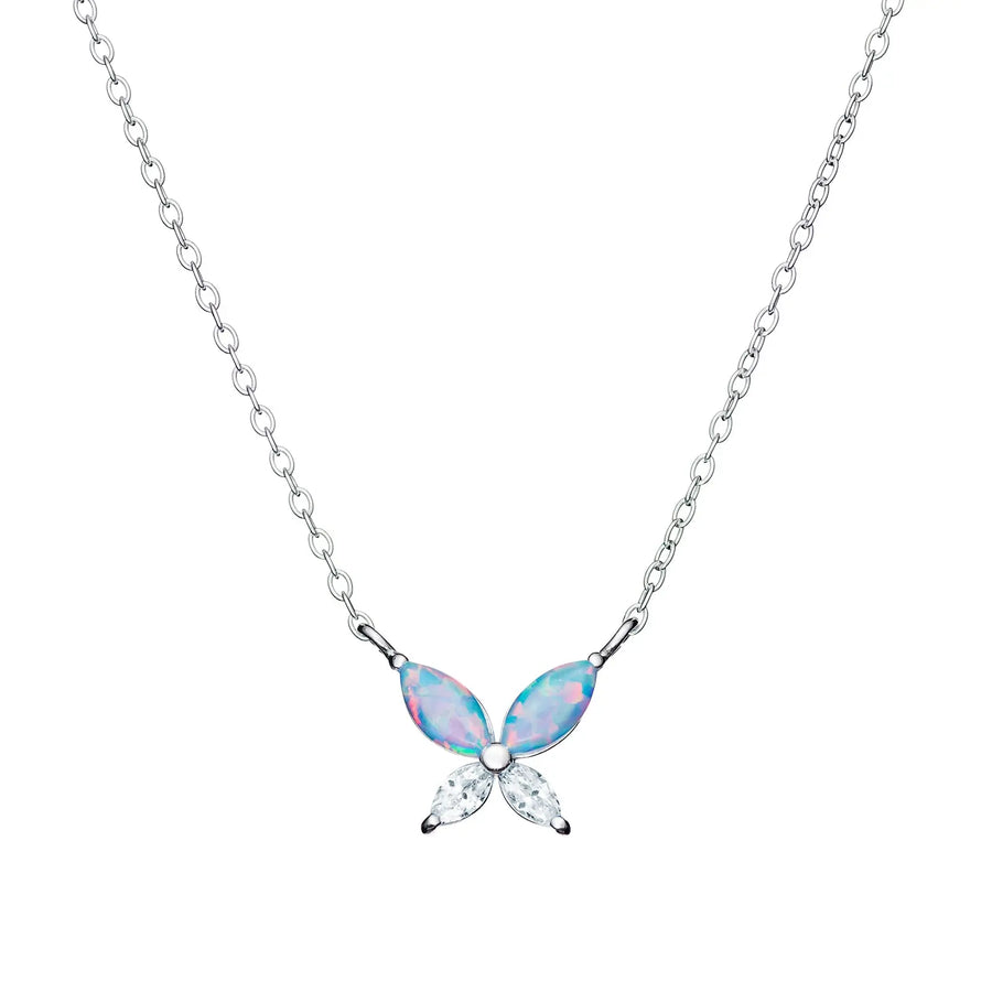 Sterling Silver Cubic Zirconia Opal Butterfly Necklace