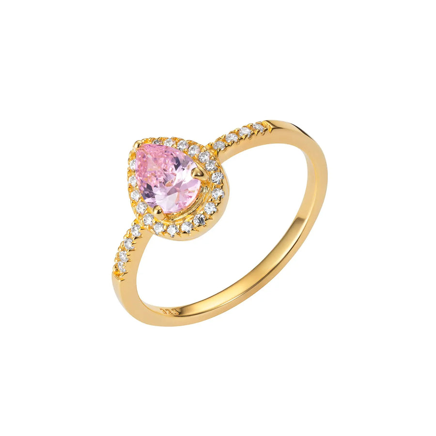 Sterling Silver Gold Plated Cubic Zirconia Pink Pear Shape Ring