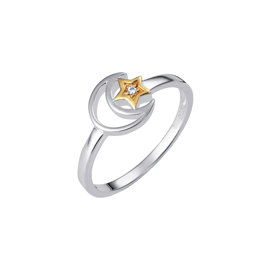 Sterling Silver Cubic Zirconia Star Moon Ring